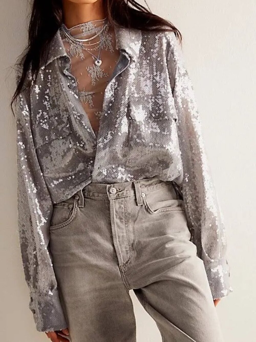 NWT Free People Disco Margarita Button Down Shirt Sequin Sparkle, Oversized
